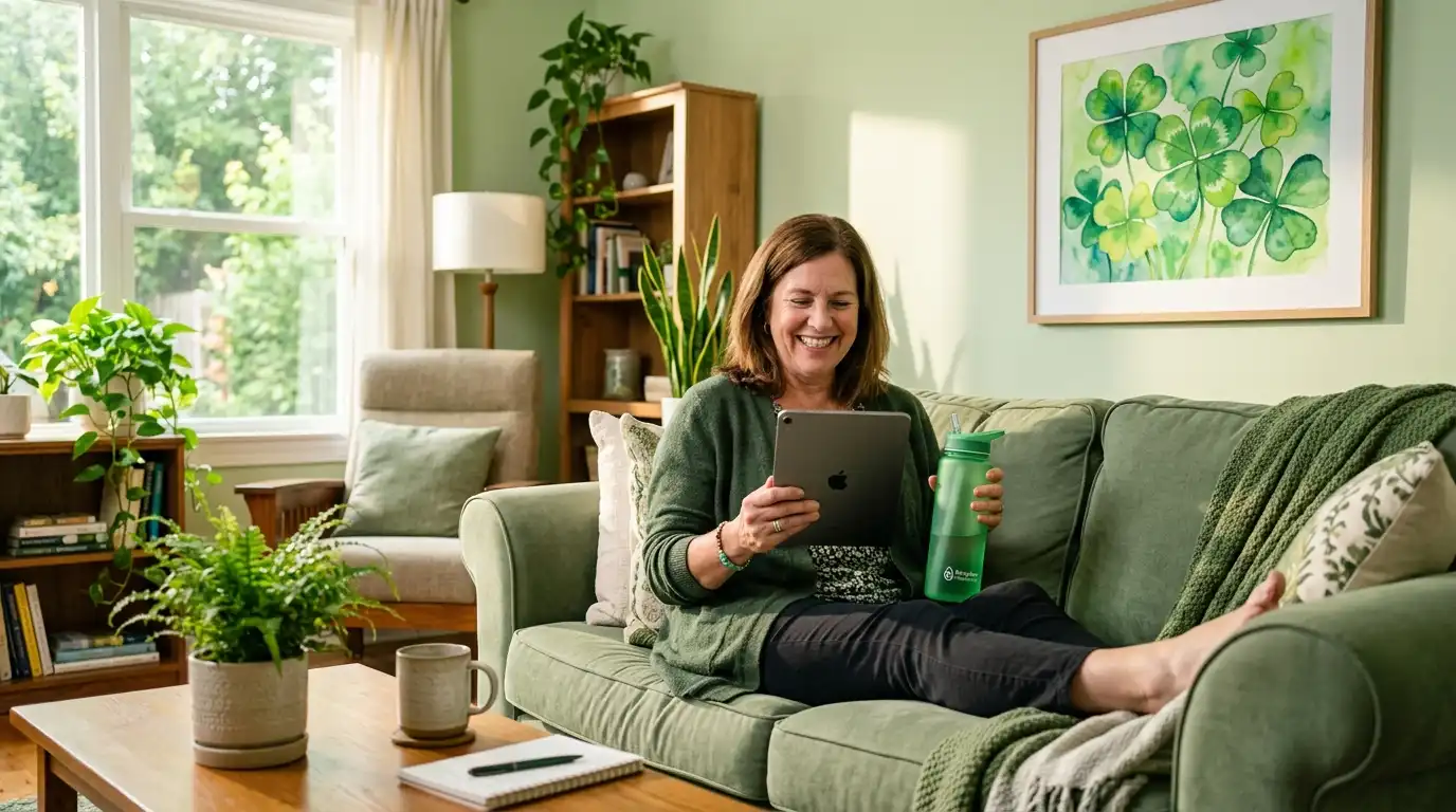 A recovered patient on a green sofa smiling and checking her fitness tracking progress on a tablet next to a four-leaf clover painting