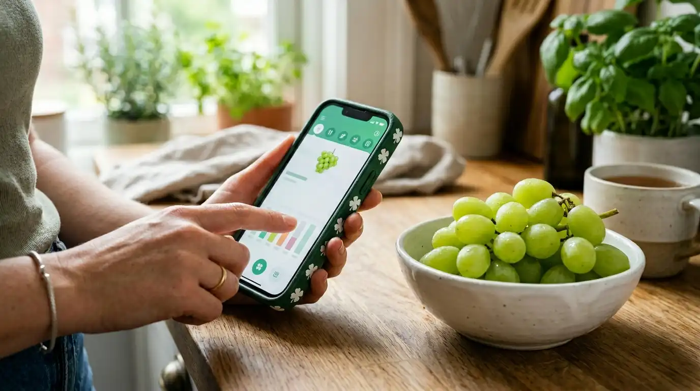 A close-up of a person tracking meals and grapes on a mobile app next to a bowl of fresh green grapes, with a four-leaf clover phone case