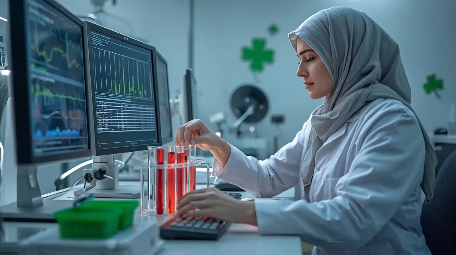 Medical laboratory technician analyzing blood test samples in tubes with modern automated equipment and computer screens in Turkish hospital, green medical accessories