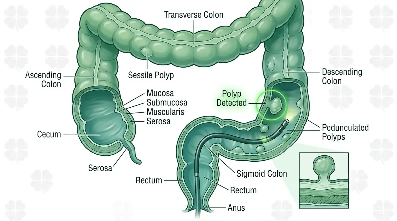 An illustration of a healthy colon anatomy with polyp detection highlighted on a green background with a four-leaf clover motif