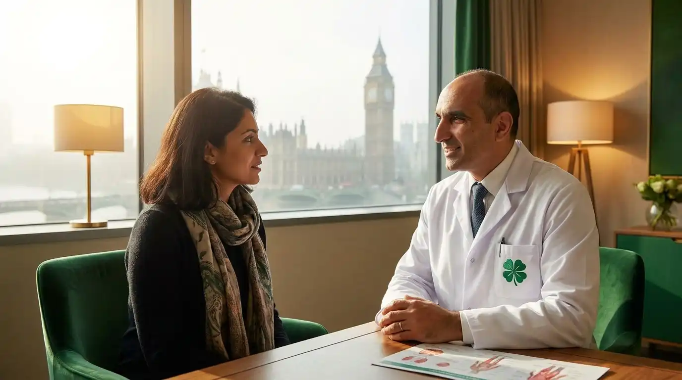 An experienced medical specialist in a white coat with a green four-leaf clover logo badge consulting in-person with a patient in a London medical room looking out at Big Ben