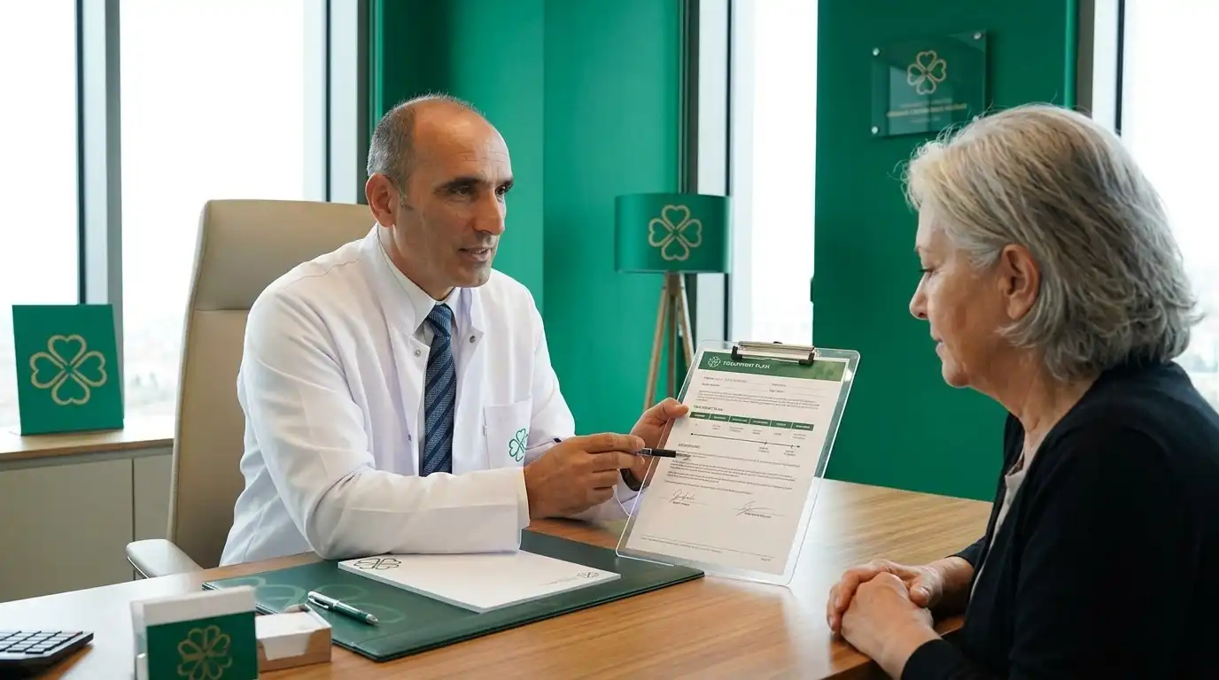 Doctor presenting a detailed treatment plan on a clipboard to an elderly female patient in a green four-leaf clover branded consultation office