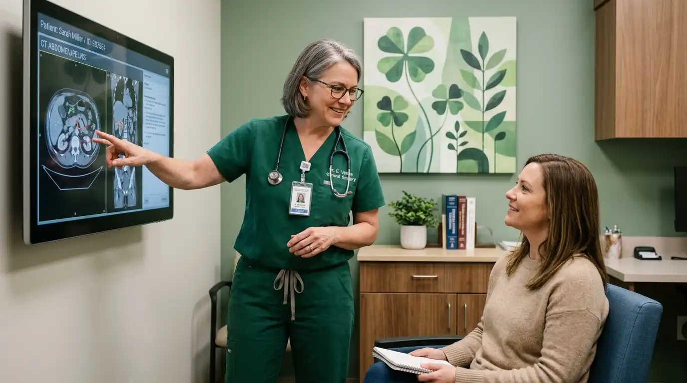 A doctor in green scrubs pointing to CT abdomen scans on a screen while consulting a patient, in a medical office featuring four-leaf clover artwork