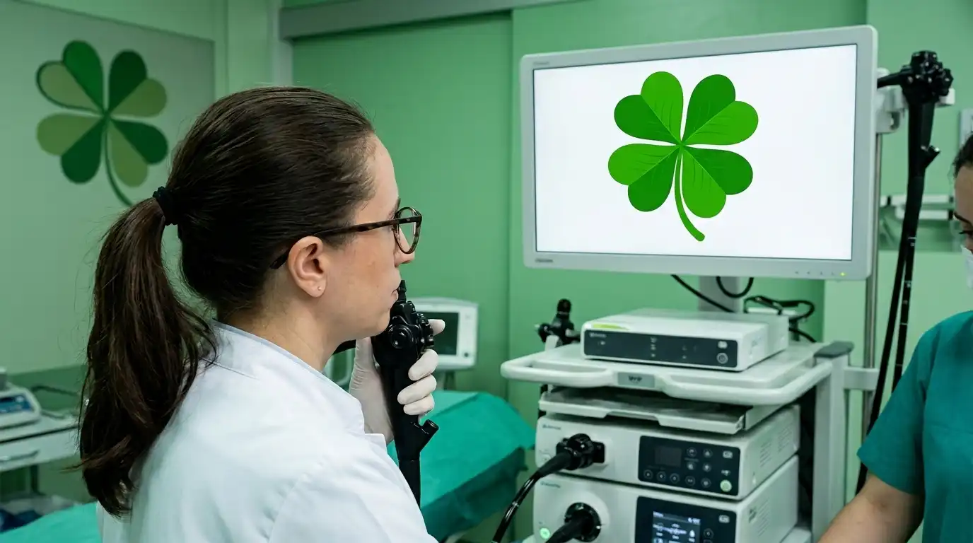 Endoscopist holding a gastroscope beside the endoscopy monitor during a careful diagnostic examination in a green endoscopy room with four-leaf clover decor