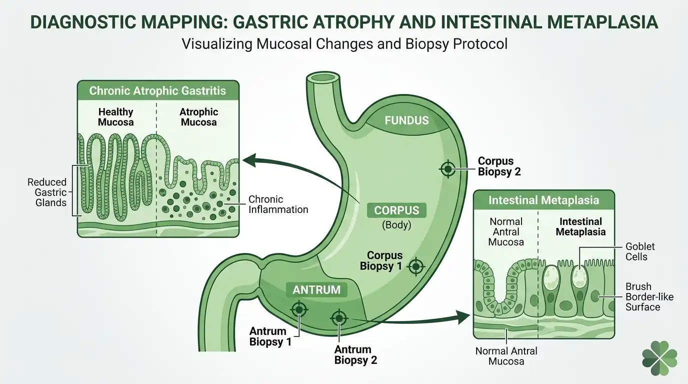 Diagram mapping gastric atrophy and intestinal metaplasia with two biopsy sites marked in the antrum and two in the corpus, green medical illustration with a four-leaf clover accent