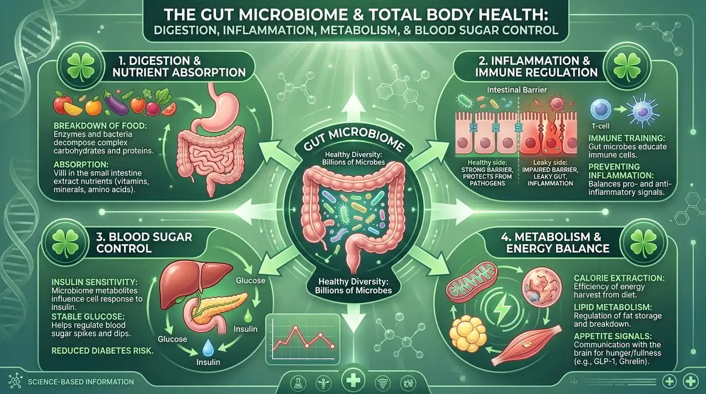 Gut microbiome infographic showing digestion, inflammation, metabolism, appetite signals, and blood sugar control in a green medical design with clover motifs