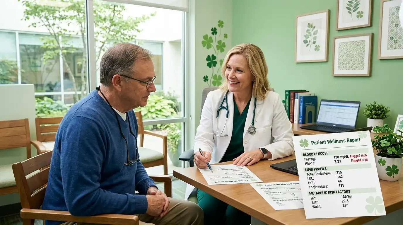 Physician reviewing blood sugar, HbA1c, and metabolic risk results with a male patient in a bright green consultation room with four-leaf clover accents