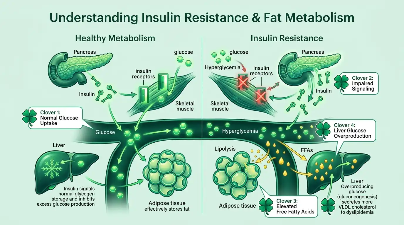 Medical infographic showing healthy metabolism versus insulin resistance with pancreas, liver, adipose tissue, and green four-leaf clover markers