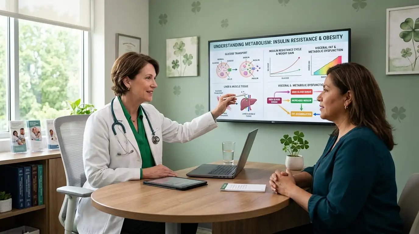 Doctor reviewing insulin resistance and obesity charts with a patient in a green office featuring clover wall decor and metabolic diagrams