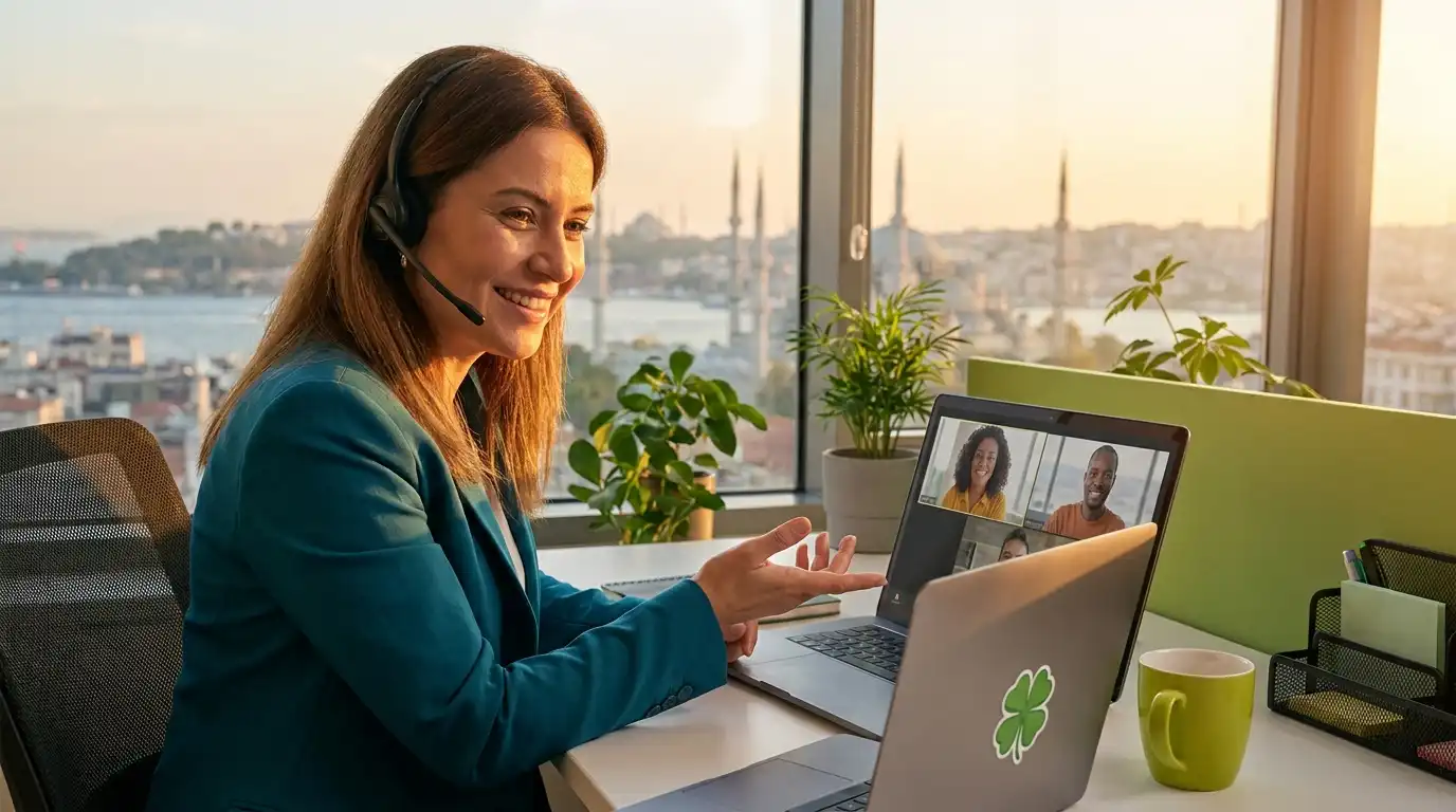 A smiling medical travel coordinator wearing a headset on a video call in a modern office with Bosphorus and Istanbul views in the background and a green clover sticker on her laptop