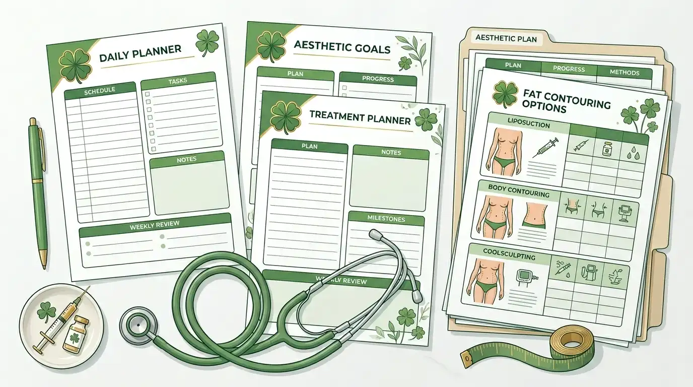 Flat lay illustration of fat contouring planning templates, a stethoscope, a measuring tape, and aesthetic goals documents with clover details