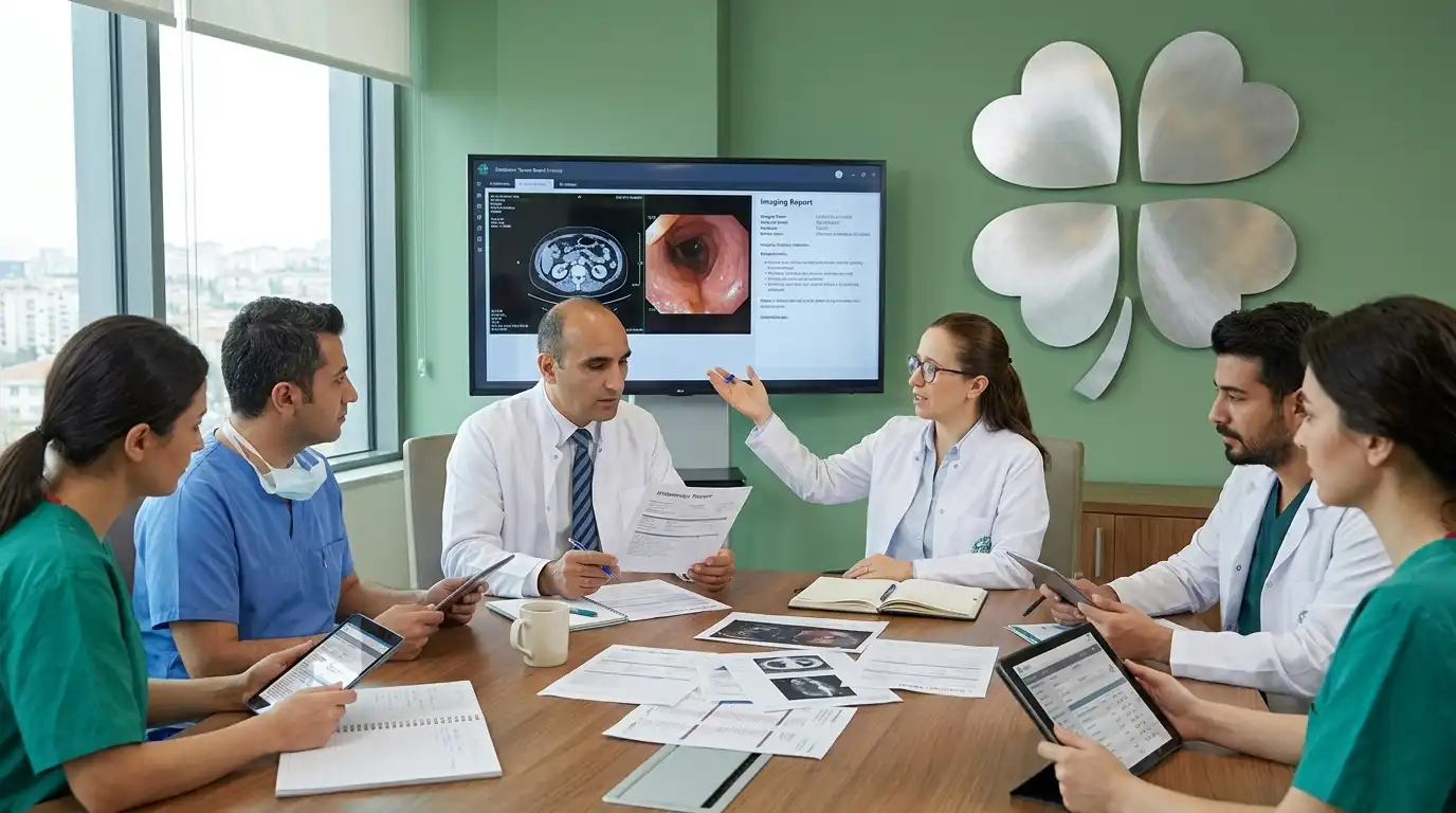 Multidisciplinary tumor board of surgical oncologists reviewing imaging and endoscopy reports together around a table in a green clinic office with a large four-leaf clover wall decoration