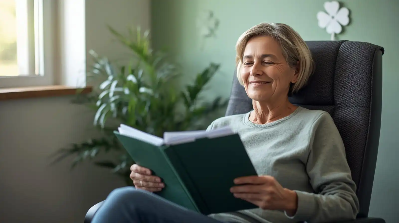 Mature female patient sitting calmly in consultation chair reading green medical reports folder with peaceful and confident expression, modern medical office with green interior design and four-leaf clover decor