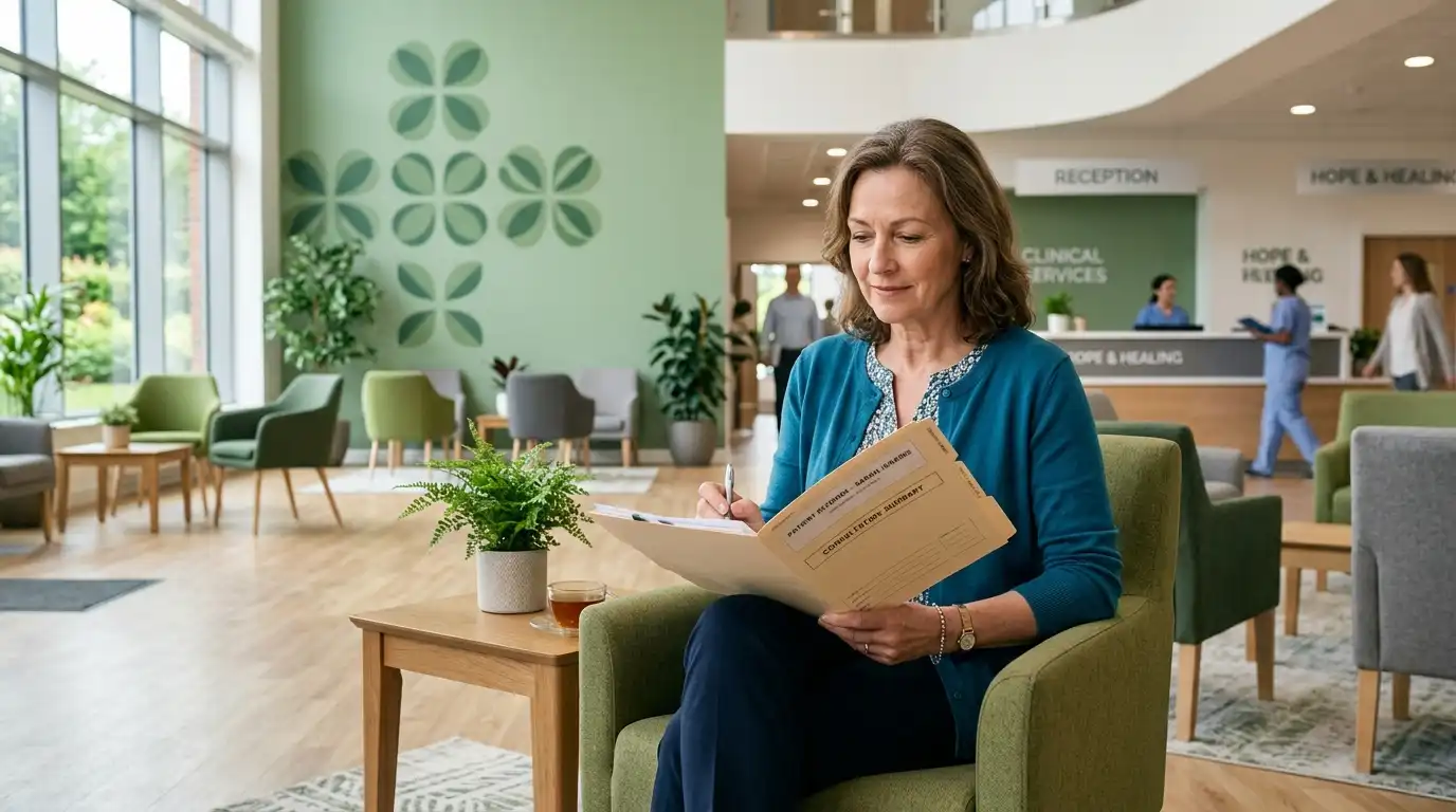 A smiling female patient holding a medical folder in a green clinical reception lobby decorated with large four-leaf clover patterns on the wall
