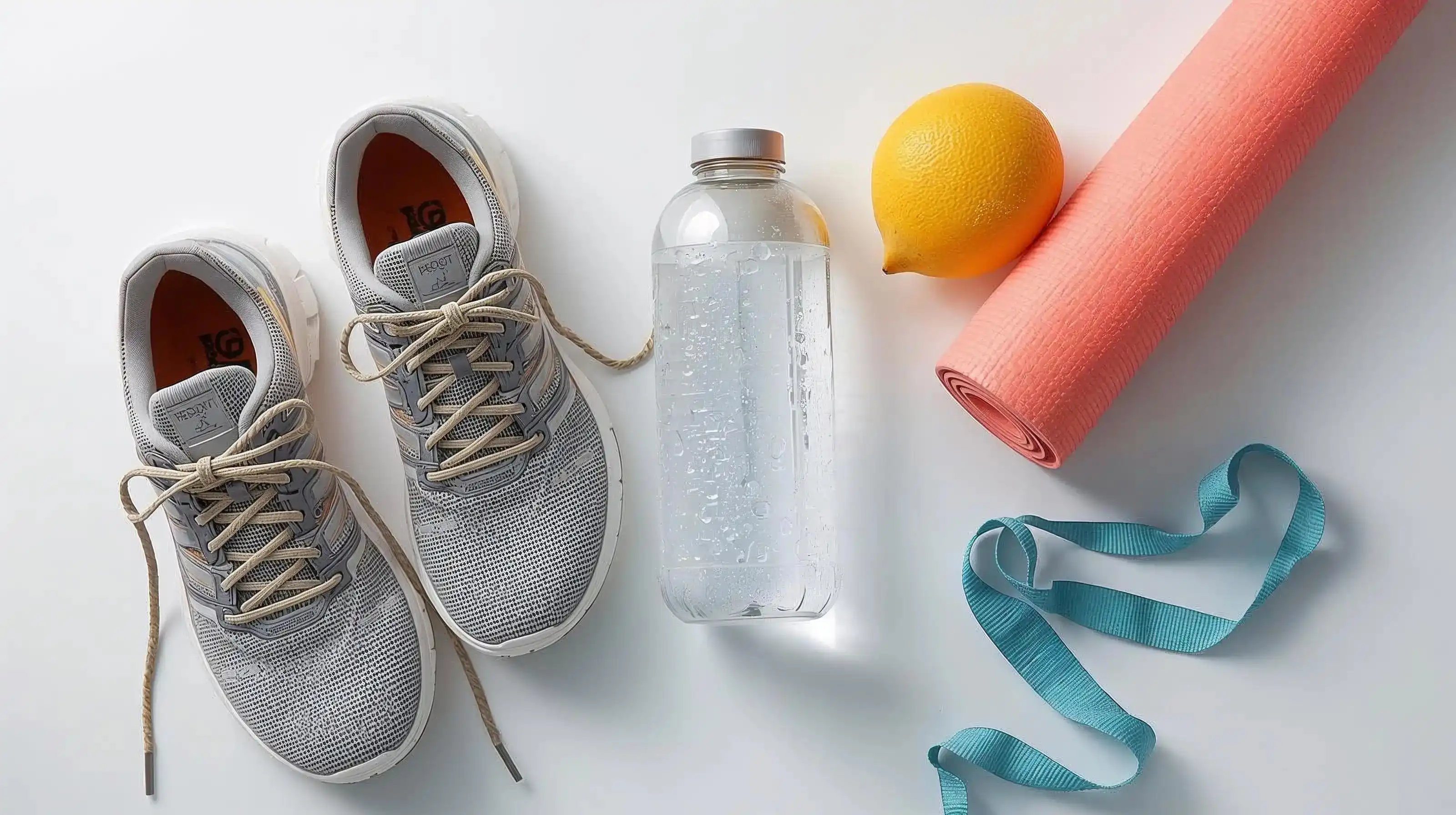 Positive lifestyle concept with running shoes, water bottle, and yoga mat arranged neatly, bright and energetic style