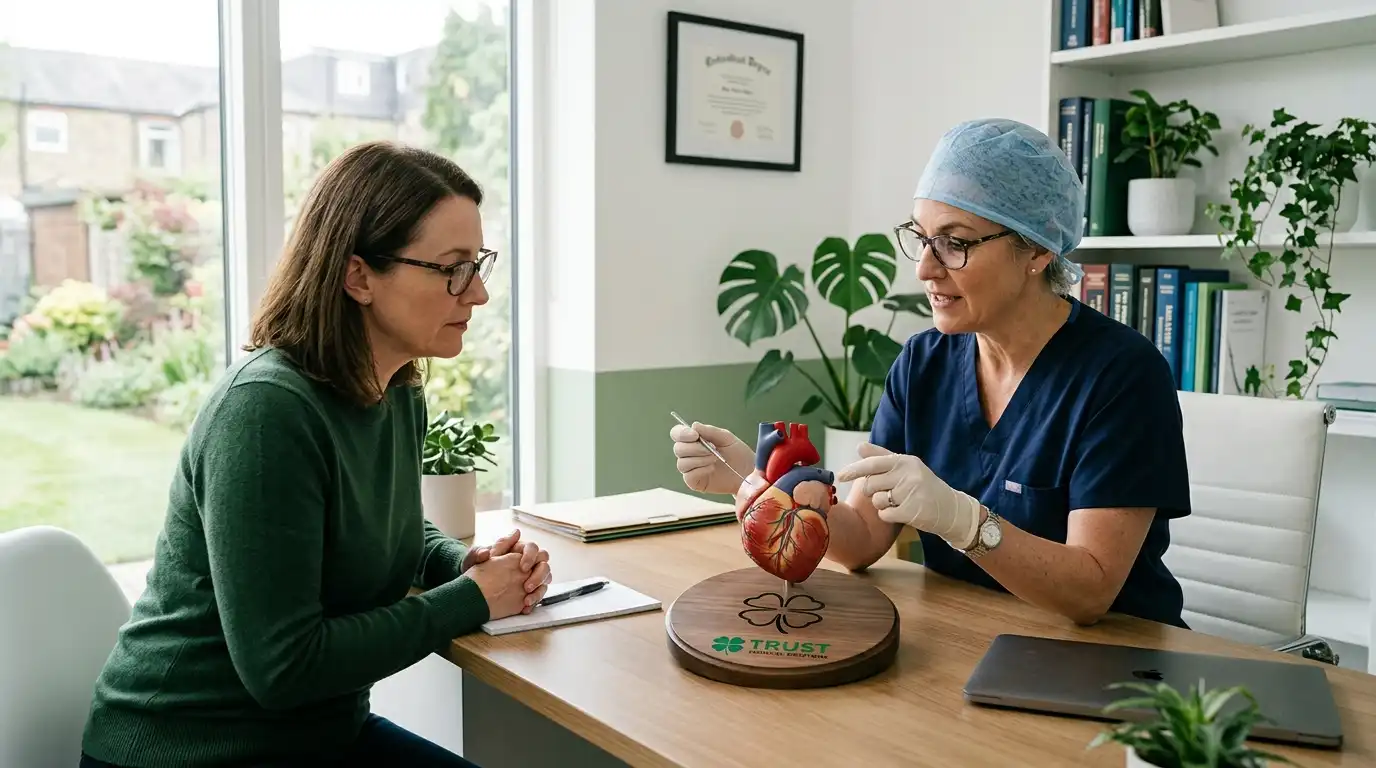 A specialist surgeon in a blue scrub cap explaining a surgical procedure using a 3D medical heart model with a green four-leaf clover trust logo base to a patient
