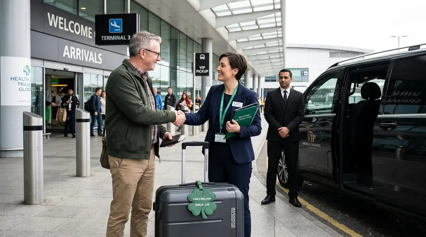 Medical coordinator welcoming an international patient at the airport for VIP hospital transfer with a green four-leaf clover luggage tag