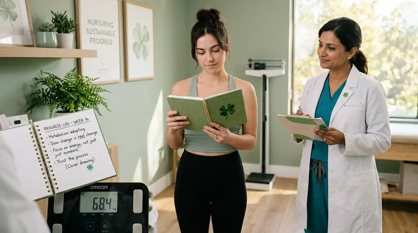 Woman reviewing long-term weight loss progress with a doctor beside a body scale in a soft green clinic with four-leaf clover accents